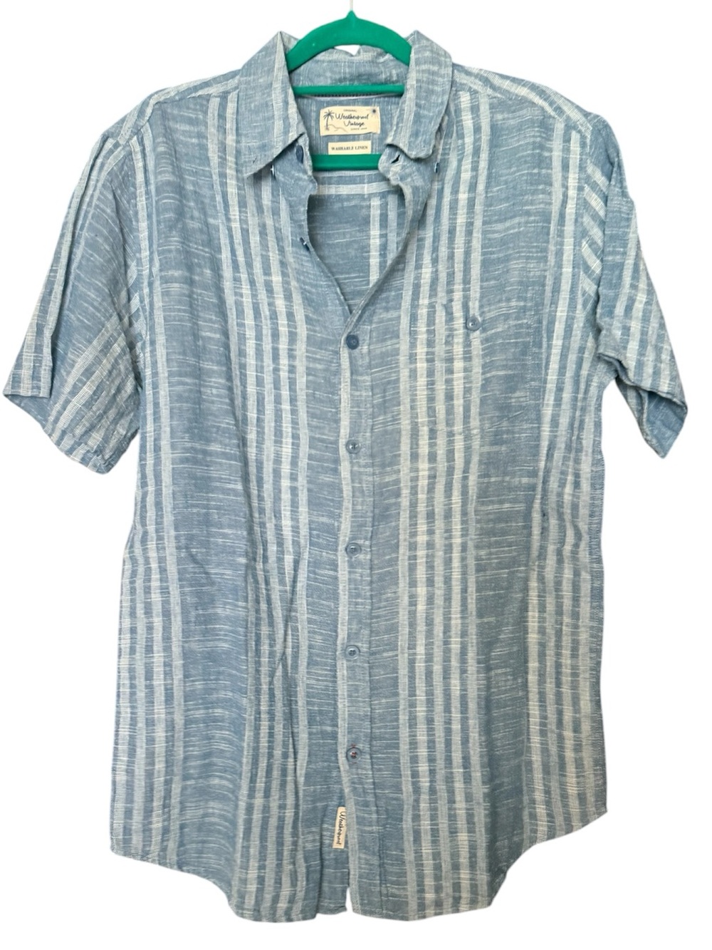 Light Blue & White Striped Short-Sleeve Button-Down Linen Shirt